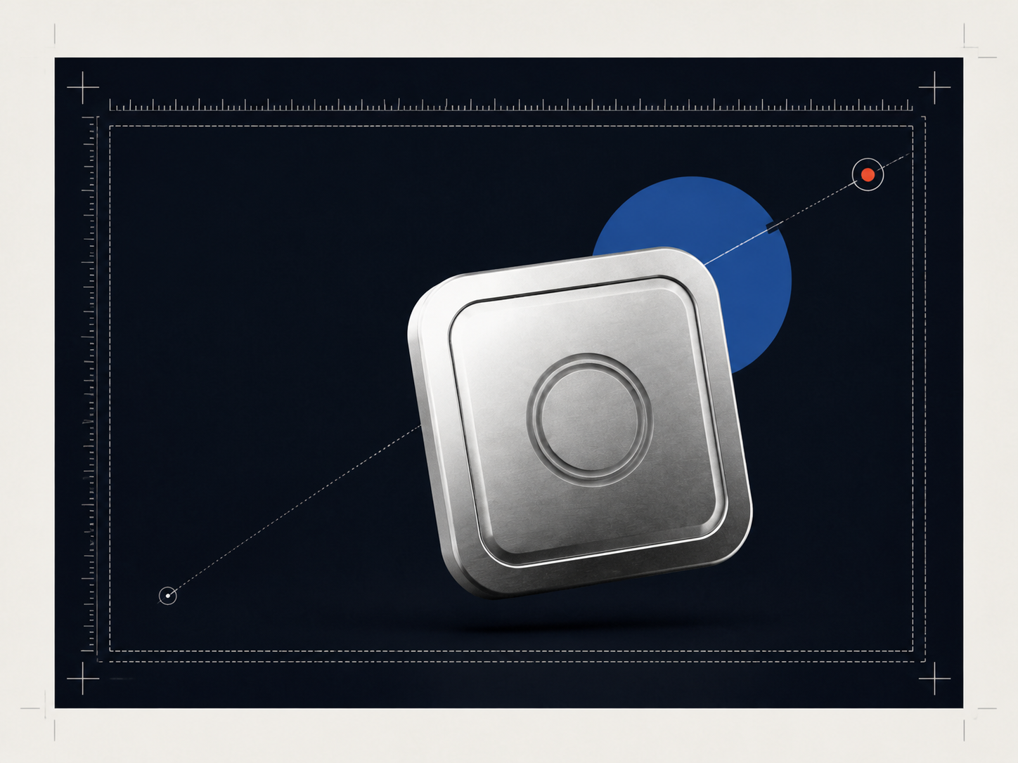 A finished silver object inside a measured dark production frame